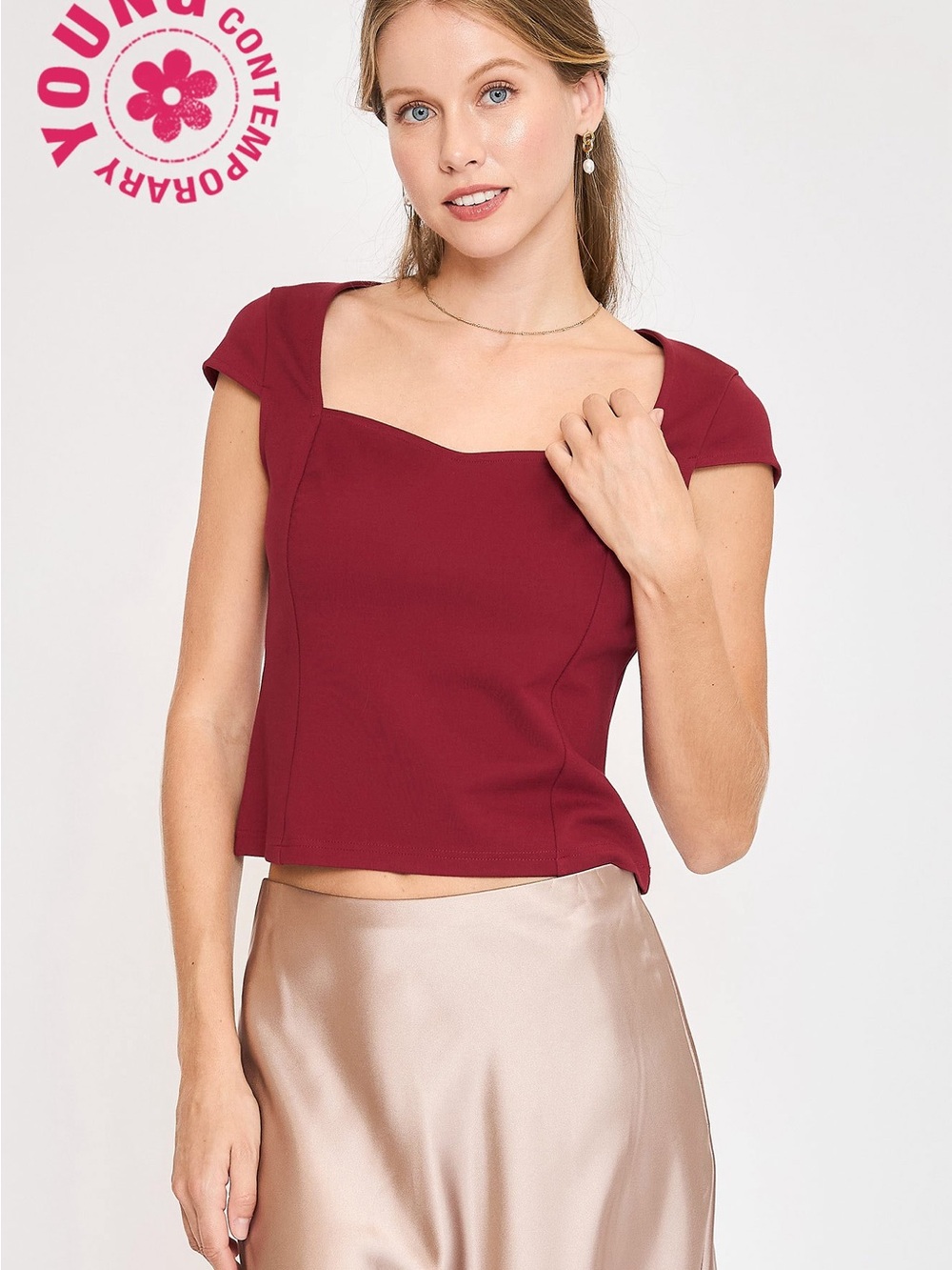Umgee Burgundy Square Neck Cap Sleeve Crop Top